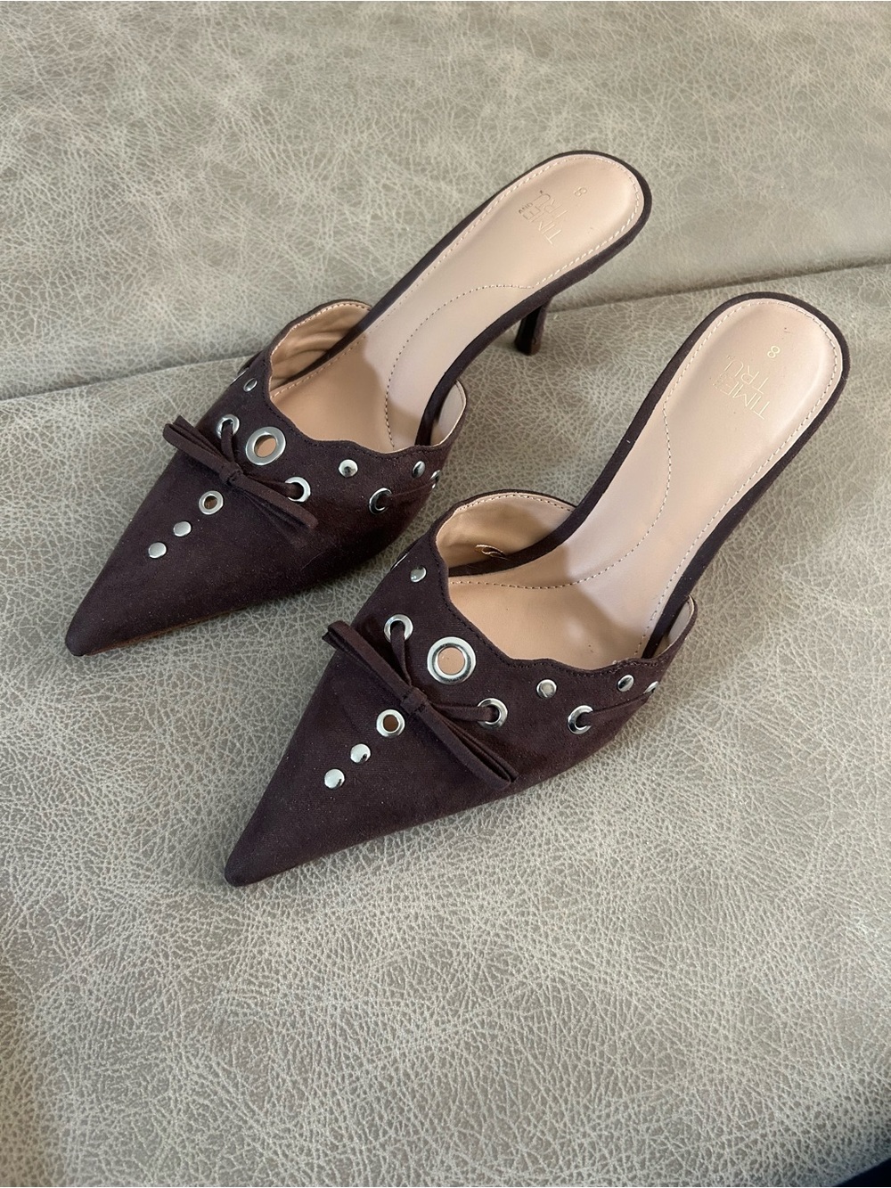 Time and Tru Dark Brown Pointed Toe Mule Heels with Grommet Accents